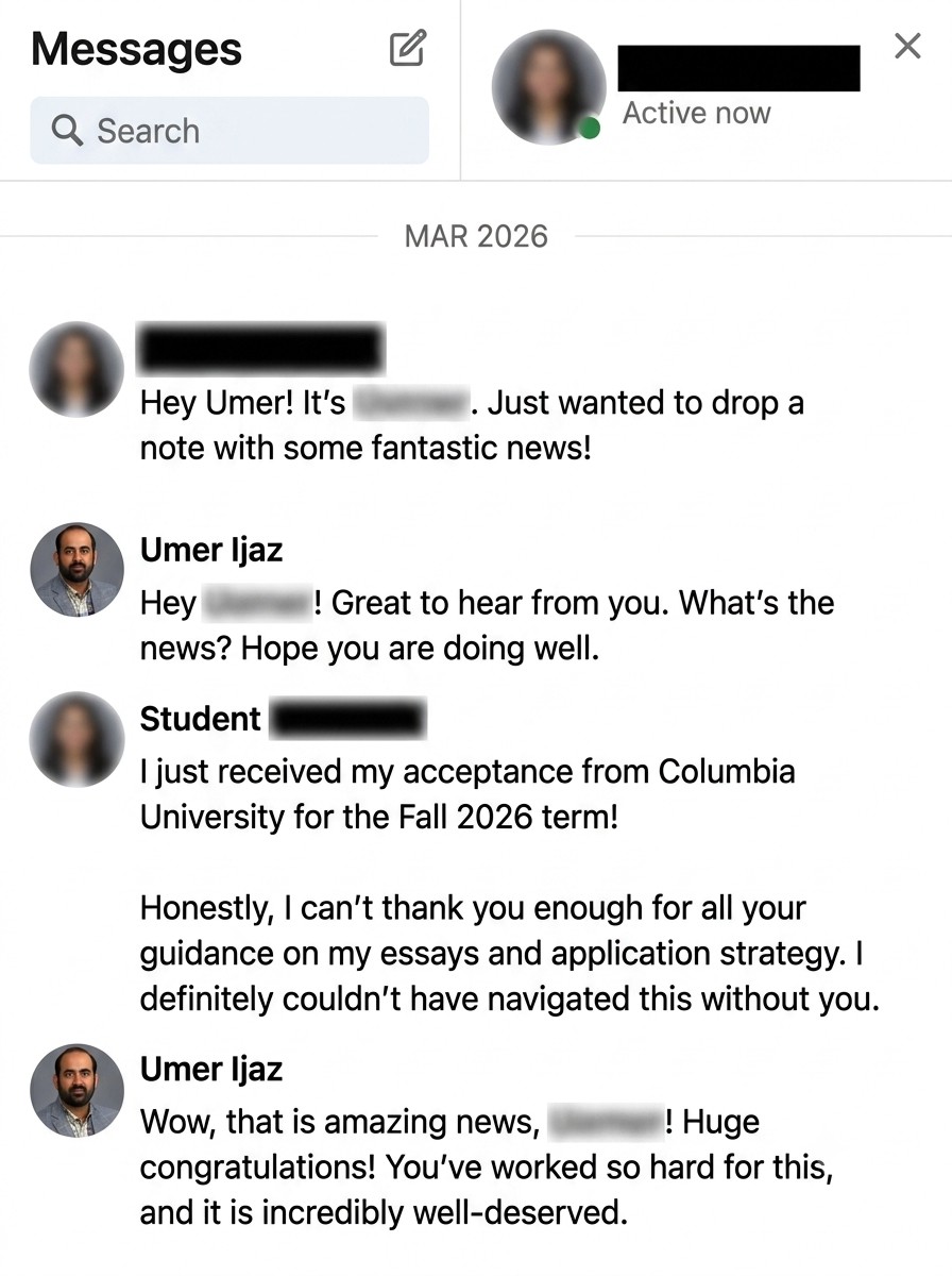 LinkedIn conversation with a student (name hidden)